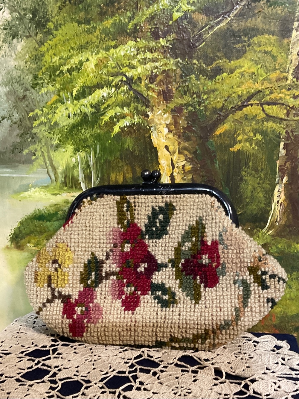 Vintage Needlepoint clutch- Beige with Pink & Yellow Flowers